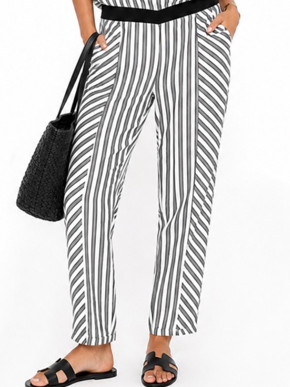 H&M WHITE GRAY STRIPE ANKLE ZIPPER JOGGER PANTS 12 NWT